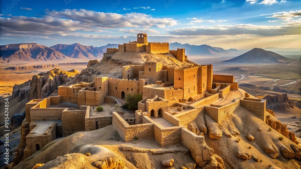 Ancient fortress ruins sit atop a desert hill, surrounded by vast ...