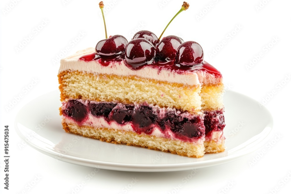 A slice of cherry cake with a white frosting and red cherry filling on a white plate A slice of cherry cake with a white frosting and red cherry filling on a white plate