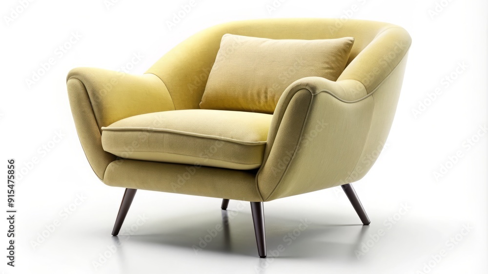 A plush, curved pear-colored armchair with soft cushions and sleek legs sits isolated on a pure white background, evoking feelings of serenity and relaxation. A plush, curved pear-colored armchair with soft cushions and sleek legs sits isolated on a pure white background, evoking feelings of serenity and relaxation.