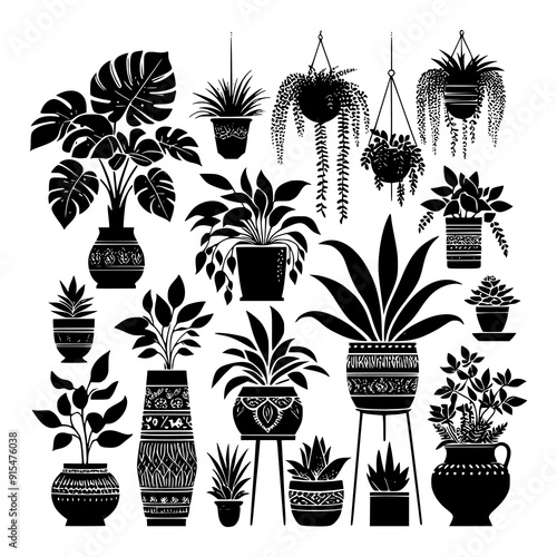 A black and white vector illustration featuring an assortment of potted houseplants and cacti in silhouette form. Perfect for botanical themes, indoor garden designs, and minimalist decor projects.