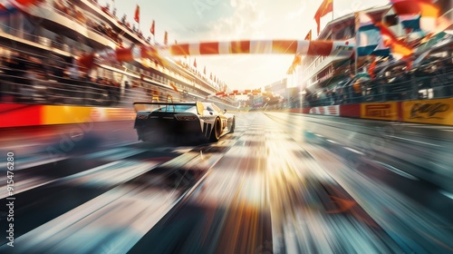 A dynamic shot of a racecar crossing the finish line, fans in the stands cheering wildly, banners and flags waving, intense motion blur