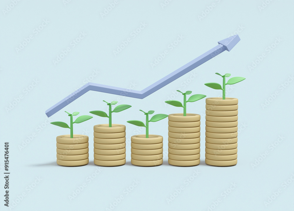 3D rendered illustration features a sprout growing on a stack of coins, with an upward arrow pointing to financial growth. 3D rendered illustration features a sprout growing on a stack of coins, with an upward arrow pointing to financial growth.