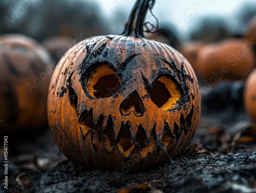 Halloween pumpkins, carved designs, festive and spooky, closeup photo