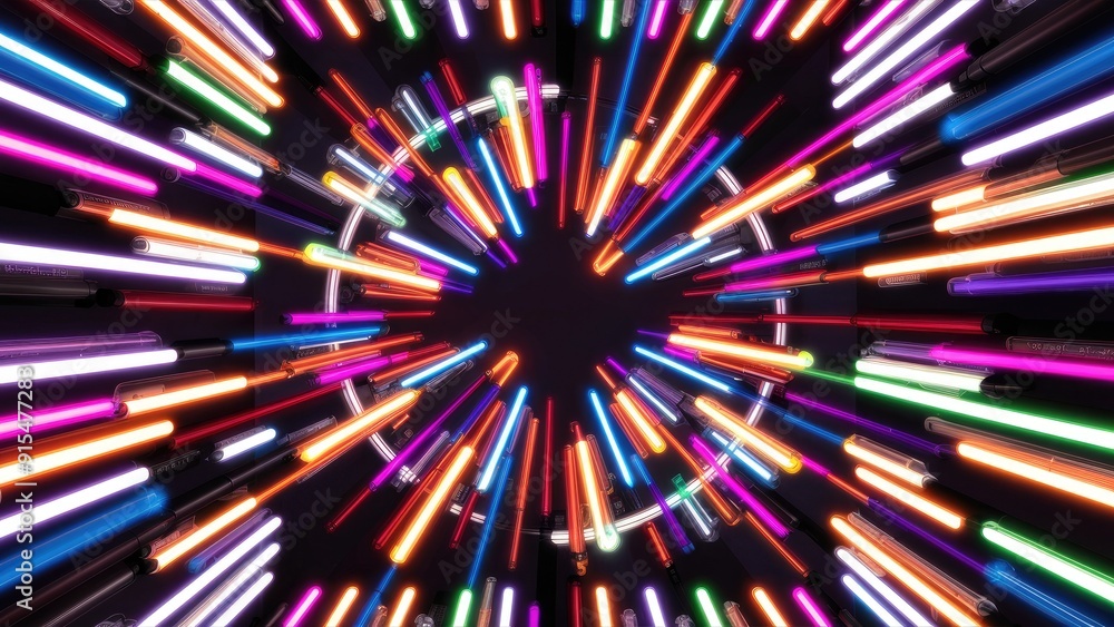 Neon Tube Circle Background with Colorful Lights in a 3D Square Scene Neon Tube Circle Background with Colorful Lights in a 3D Square Scene