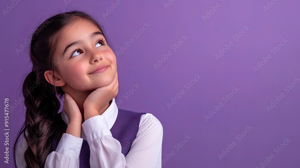 Daydreaming Latin girl in school uniform, smiling and looking to the side. Perfect for showcasing school-related products. Lilac violet background. Daydreaming Latin girl in school uniform, smiling and looking to the side. Perfect for showcasing school-related products. Lilac violet background.