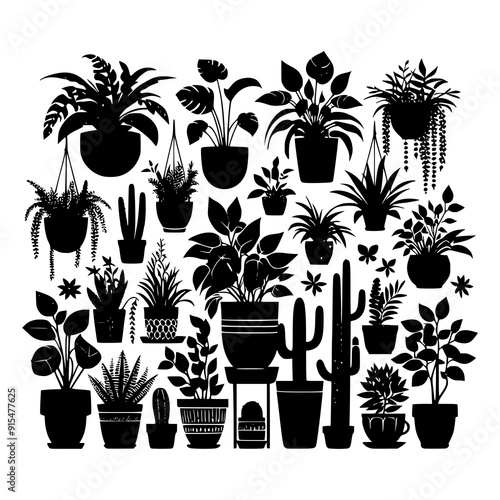 A black and white vector illustration featuring an assortment of potted houseplants and cacti in silhouette form. Perfect for botanical themes, indoor garden designs, and minimalist decor projects.