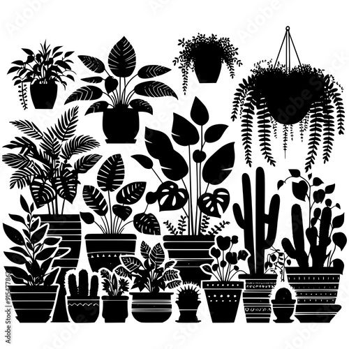 A black and white vector illustration featuring an assortment of potted houseplants and cacti in silhouette form. Perfect for botanical themes, indoor garden designs, and minimalist decor projects.