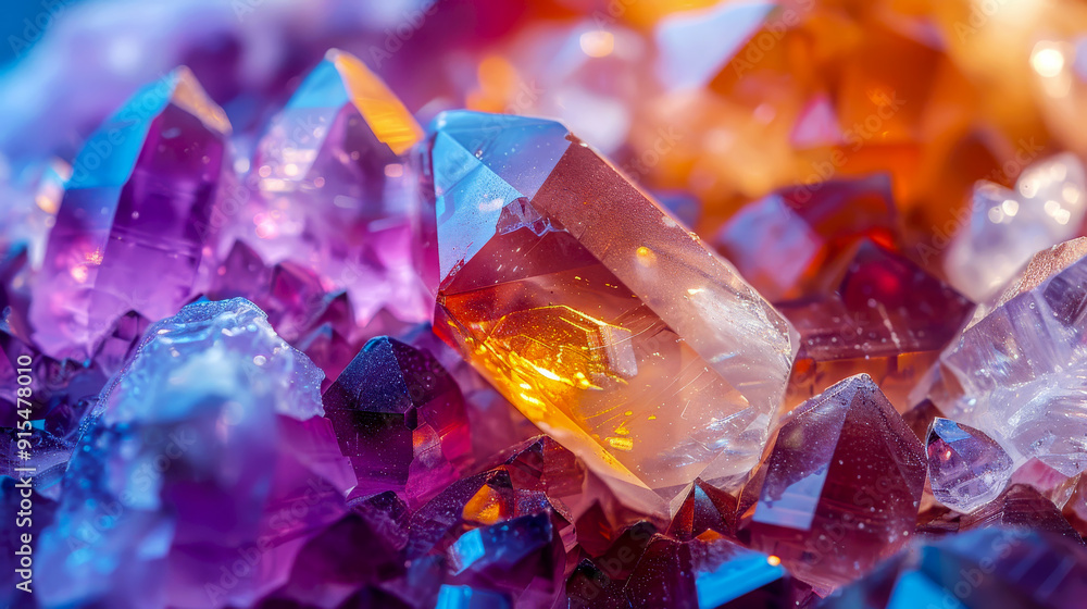 Colorful crystal cluster sparkling with light with a large center crystal Colorful crystal cluster sparkling with light with a large center crystal