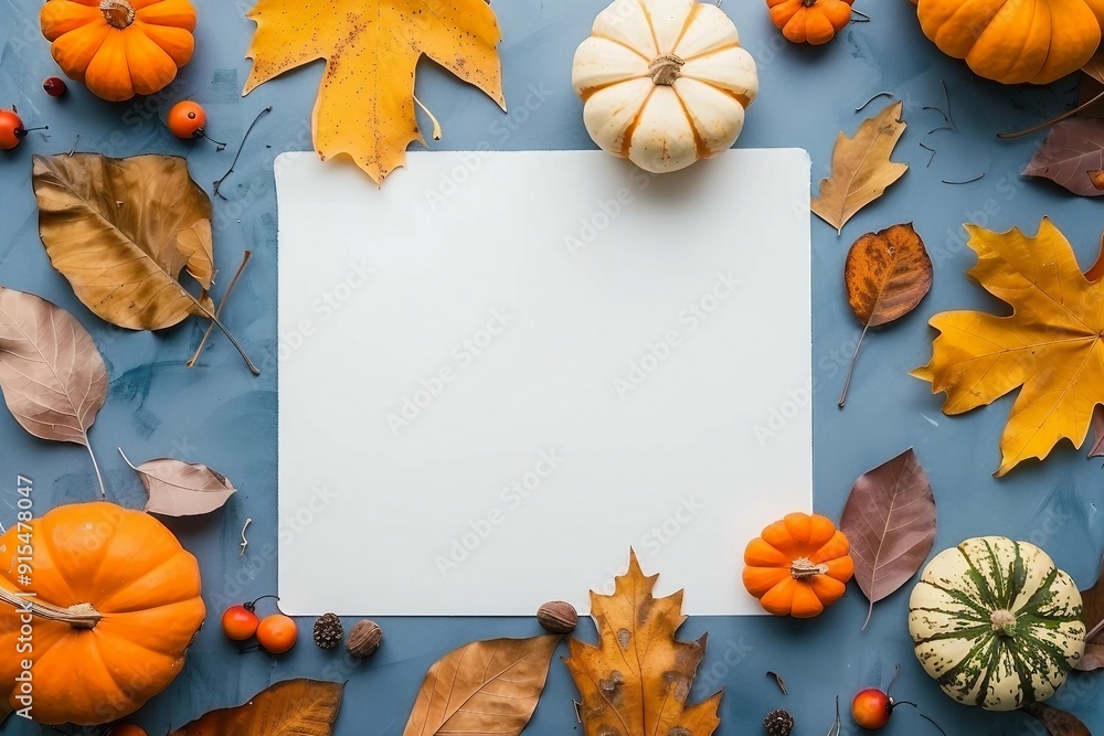 Autumn composition with paper blank and dried leaves with pumpkin on table. Flat lay, top view, copy space. Autumn composition with paper blank and dried leaves with pumpkin on table. Flat lay, top view, copy space.