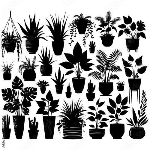 A black and white vector illustration featuring an assortment of potted houseplants and cacti in silhouette form. Perfect for botanical themes, indoor garden designs, and minimalist decor projects.