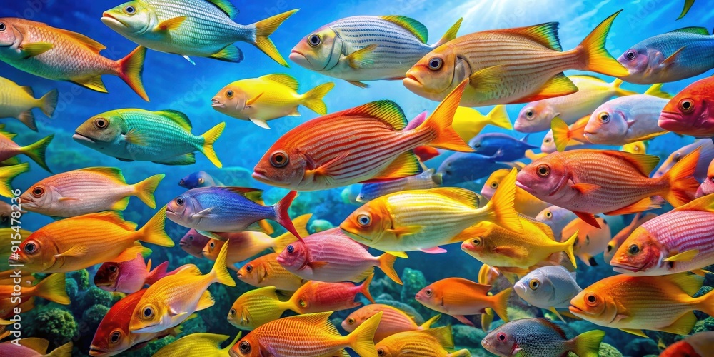 Vibrant underwater photo of a colorful school of fish swimming gracefully , marine life, sea creatures Vibrant underwater photo of a colorful school of fish swimming gracefully , marine life, sea creatures
