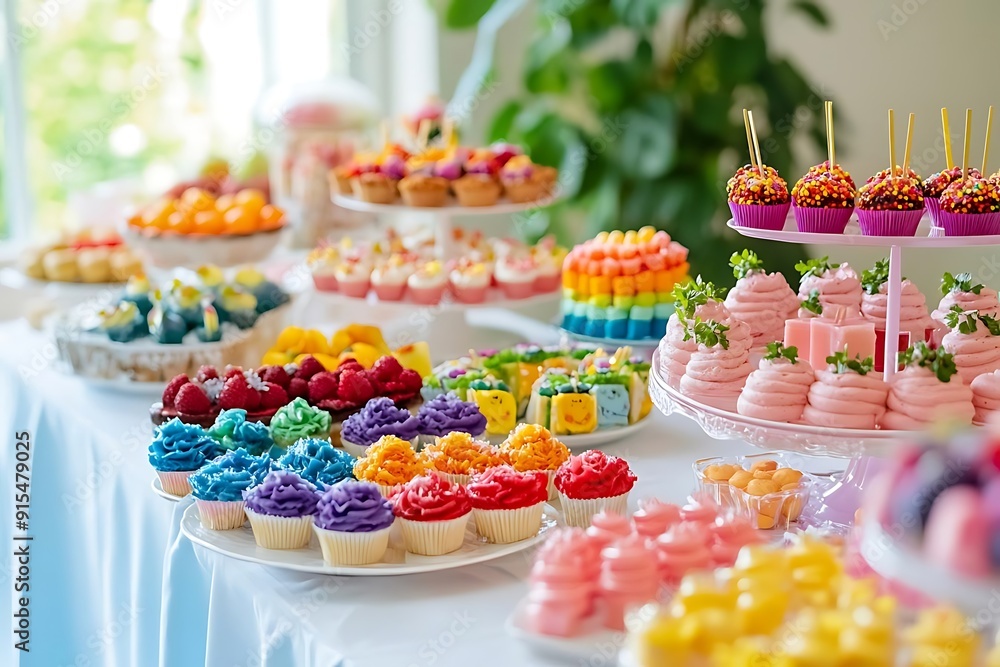 Colorful Cupcakes and Sweets on a White Tablecloth - Photo
