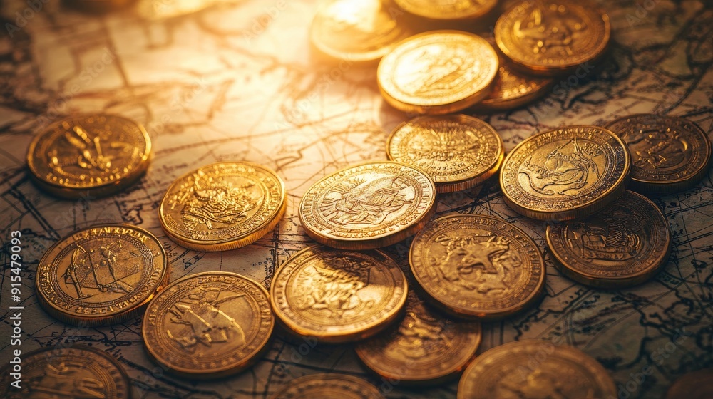 A pile of gold coins with intricate designs, displayed against a vintage map background, evoking a sense of adventure and treasure hunting. A pile of gold coins with intricate designs, displayed against a vintage map background, evoking a sense of adventure and treasure hunting.