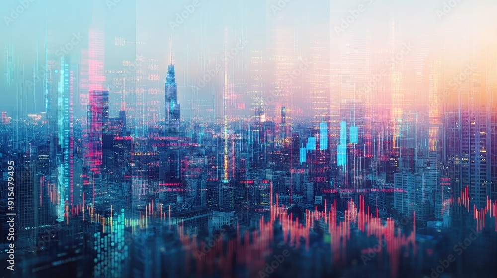 Fototapeta premium Double exposure image of financial data graphs and an urban skyline, showcasing the interplay between stock market trends and city growth.