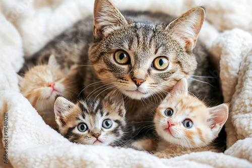 Kocia mama i kocięta na kocyku
