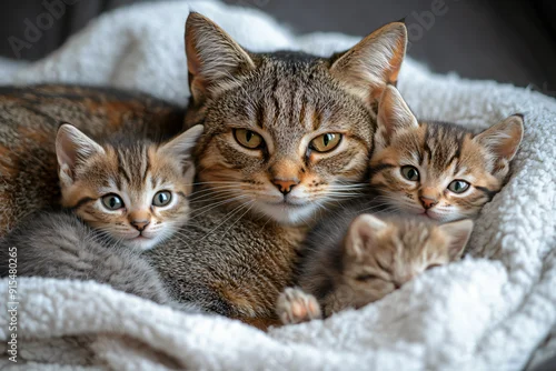 Obraz Kocia mama i kocięta na kocyku