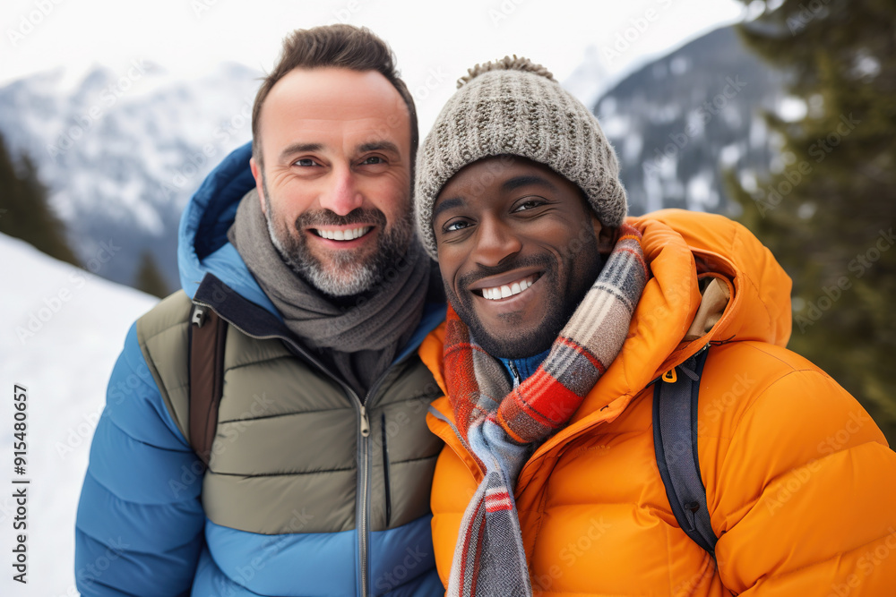 Multi ethnic men couple enjoying winter holidays in snowy peak mountain Multi ethnic men couple enjoying winter holidays in snowy peak mountain