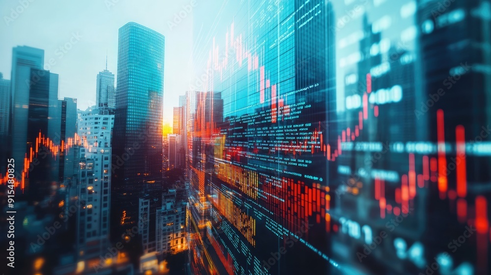 Double exposure of skyscrapers and financial data, symbolizing the stock market's impact on urban areas and business growth. Double exposure of skyscrapers and financial data, symbolizing the stock market's impact on urban areas and business growth.