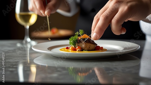 Wallpaper Mural A chef is plating a gourmet meal with a round piece of meat, fruit, and a yellow sauce. Torontodigital.ca