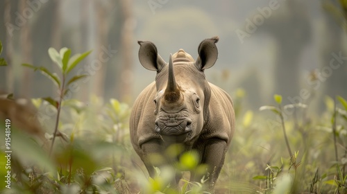 Rhinoceros Walking Through Misty African Savannah at Dawn