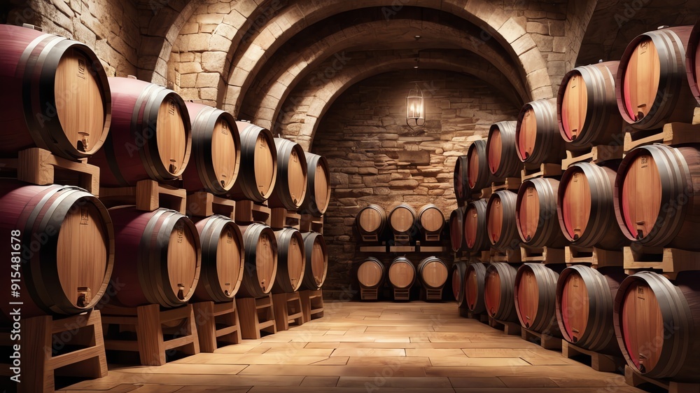 A stone cellar with rows of wooden barrels stacked along the walls. A stone cellar with rows of wooden barrels stacked along the walls.