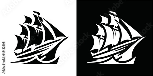 Simple Logo Sailing Ship and Sea Wave vector.silhoutte