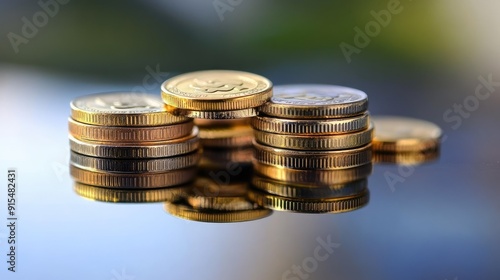 Wallpaper Mural Euro coins stacked at different angles on a reflective surface, symbolizing financial balance and strategy Torontodigital.ca