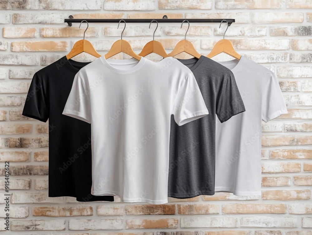 Endless design possibilities with four plain t-shirts elegantly showcased on wooden hangers against a white brick wall Endless design possibilities with four plain t-shirts elegantly showcased on wooden hangers against a white brick wall