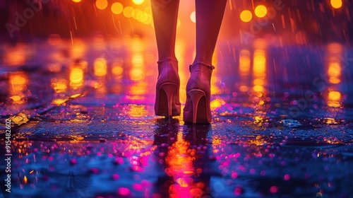 A woman walks in high heels on a vibrant, rain-soaked street during twilight, reflecting colorful lights