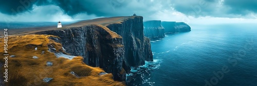 Lighthouse on Cliffs Overlooking the Ocean Photo