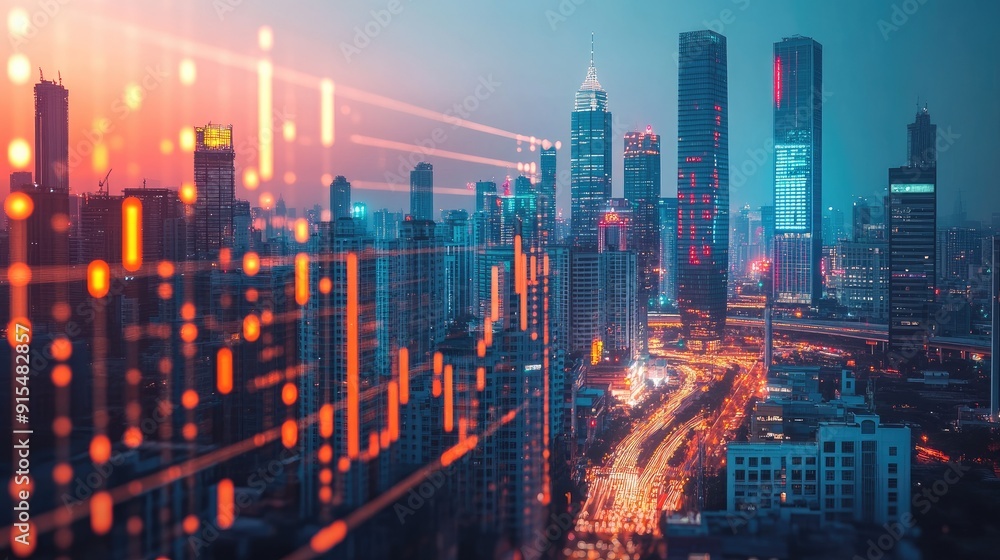 Financial data and a modern city skyline combined, representing the stock market's impact on urbanization and business development. Financial data and a modern city skyline combined, representing the stock market's impact on urbanization and business development.