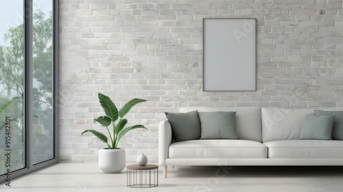 Modern Living Room With Exposed Brick and City View in Urban Apartment