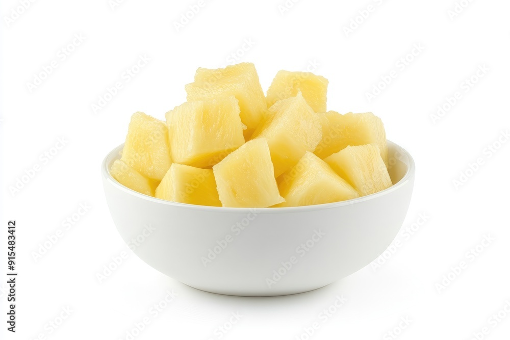 A white bowl filled with cubed pineapple chunks A white bowl filled with cubed pineapple chunks