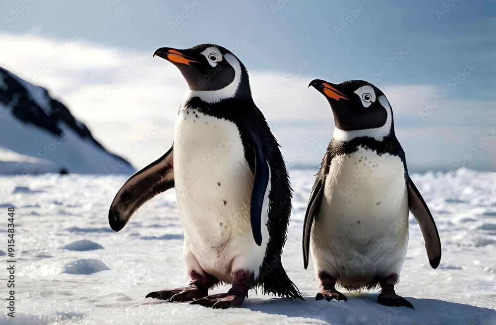 Fototapeta premium View of a beautiful penguin couple walking on a large ice cube