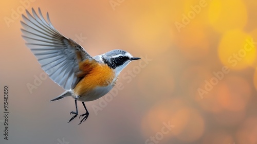 Silver-backed Shrike in Flight Over Soft Autumn Background