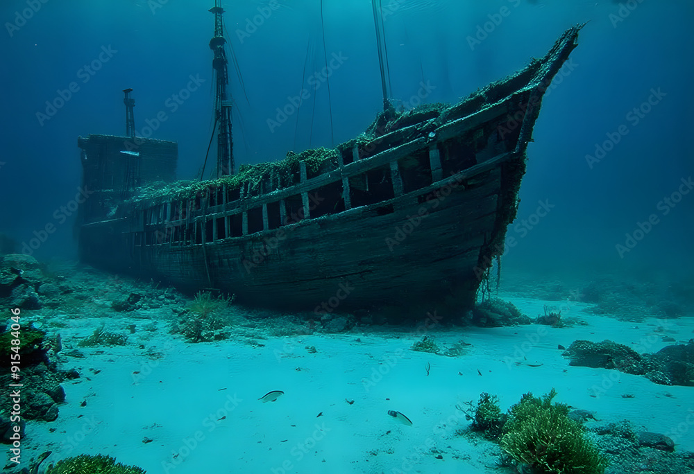 Sunken Pirate Shipwreck Resting on Ocean Floor in Deep Underwater Scene Sunken Pirate Shipwreck Resting on Ocean Floor in Deep Underwater Scene