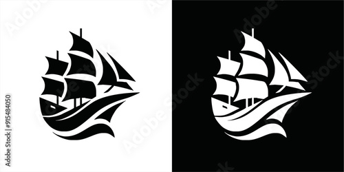 Simple Logo Sailing Ship and Sea Wave vector.silhoutte
