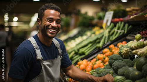 A friendly Kroger store employee assisting a customer