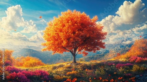 Idyllic fall scenery with a striking orange tree at the center, framed by colorful foliage and crisp, clear air. photo