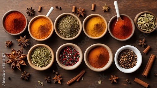 A variety of spices in small bowls, including cinnamon sticks, star anise, and red pepper flakes.