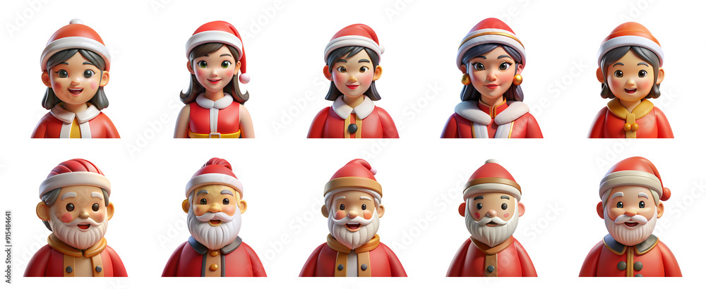 Christmas Asian Santa Claus man and woman collection set of various ornaments on transparent background, Isolated PNG. Christmas Asian Santa Claus man and woman collection set of various ornaments on transparent background, Isolated PNG.