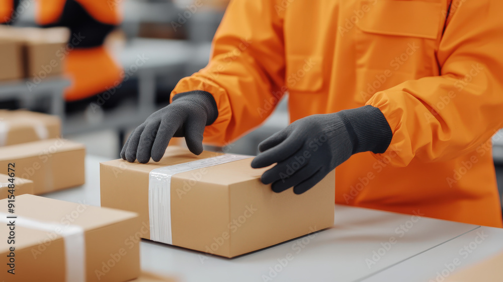Worker arranging items neatly in a parcel, focus on organization and efficiency Worker arranging items neatly in a parcel, focus on organization and efficiency