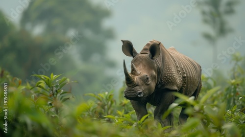 Rhinoceros Walking Through Misty African Savannah at Dawn