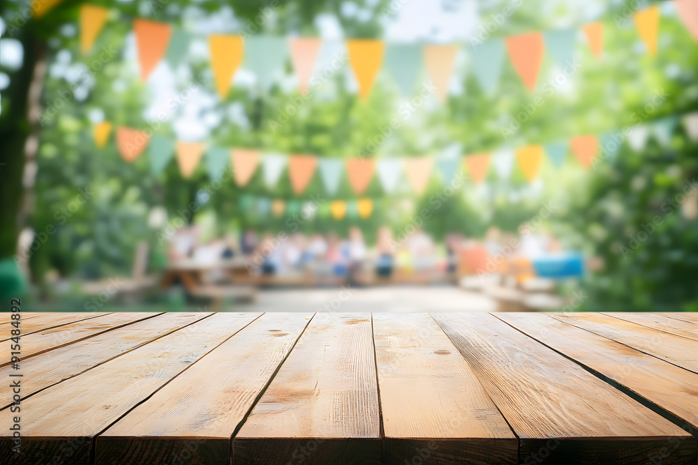Empty wooden table with party in garden background blurred. Empty wooden table with party in garden background blurred.