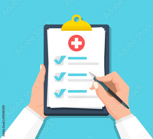 Doctor hands holding clipboard with checklist for medical report in a flat design