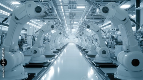 Robotic systems in a smart factory, controlled via internet networks, illustrating the advanced automation of Industry 4.0.