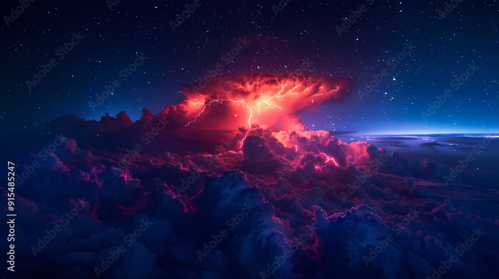 The Blue Jet lightning phenomenon occurs in the upper atmosphere. When powerful blue lightning flashes shoot up from the tops of high cumulonimbus clouds. The Blue Jet lightning phenomenon occurs in the upper atmosphere. When powerful blue lightning flashes shoot up from the tops of high cumulonimbus clouds.