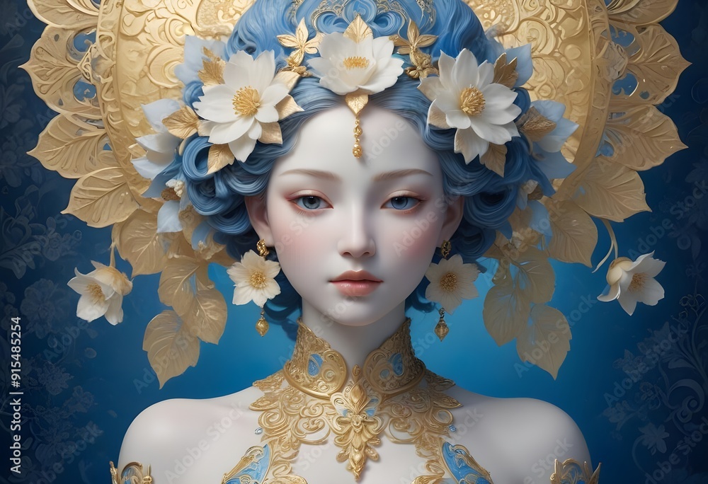 portrait of a woman with blue hair and white flowers on his head portrait of a woman with blue hair and white flowers on his head