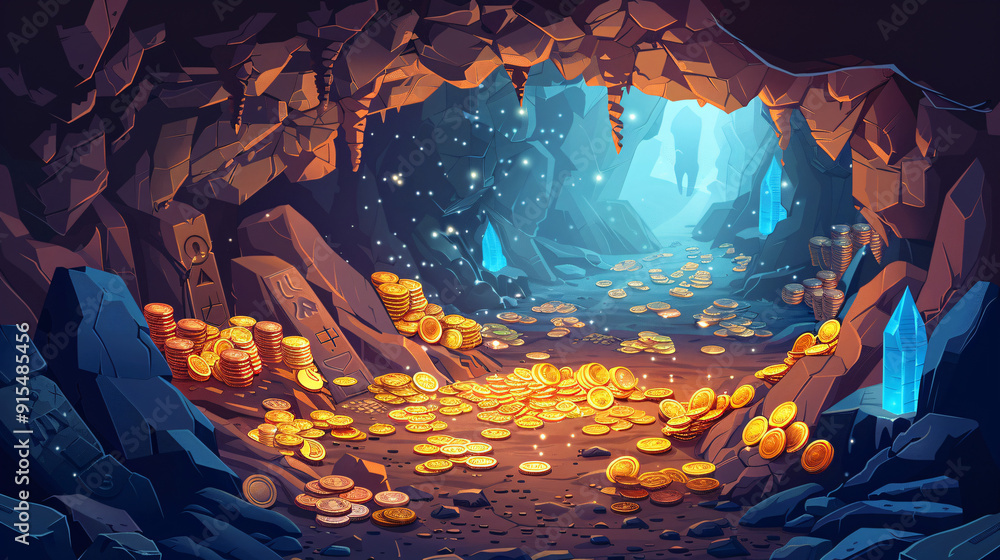 Flat cartoon-style illustration of a treasure cave filled with piles of ...