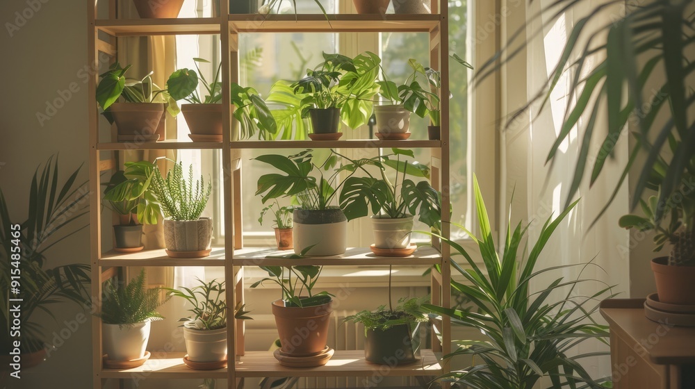 Eco-friendly potted plants on textile-organized Scandinavian shelving unit Eco-friendly potted plants on textile-organized Scandinavian shelving unit
